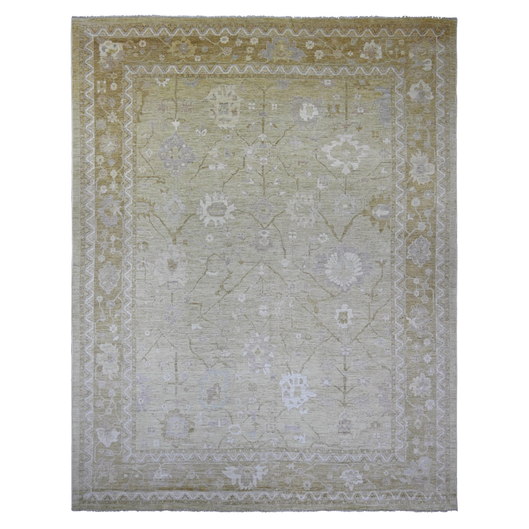 Olive Green, Afghan Angora Oushak with All Over Design, Hand Knotted, 100% Wool, Vegetable Dyes, Oriental Rug